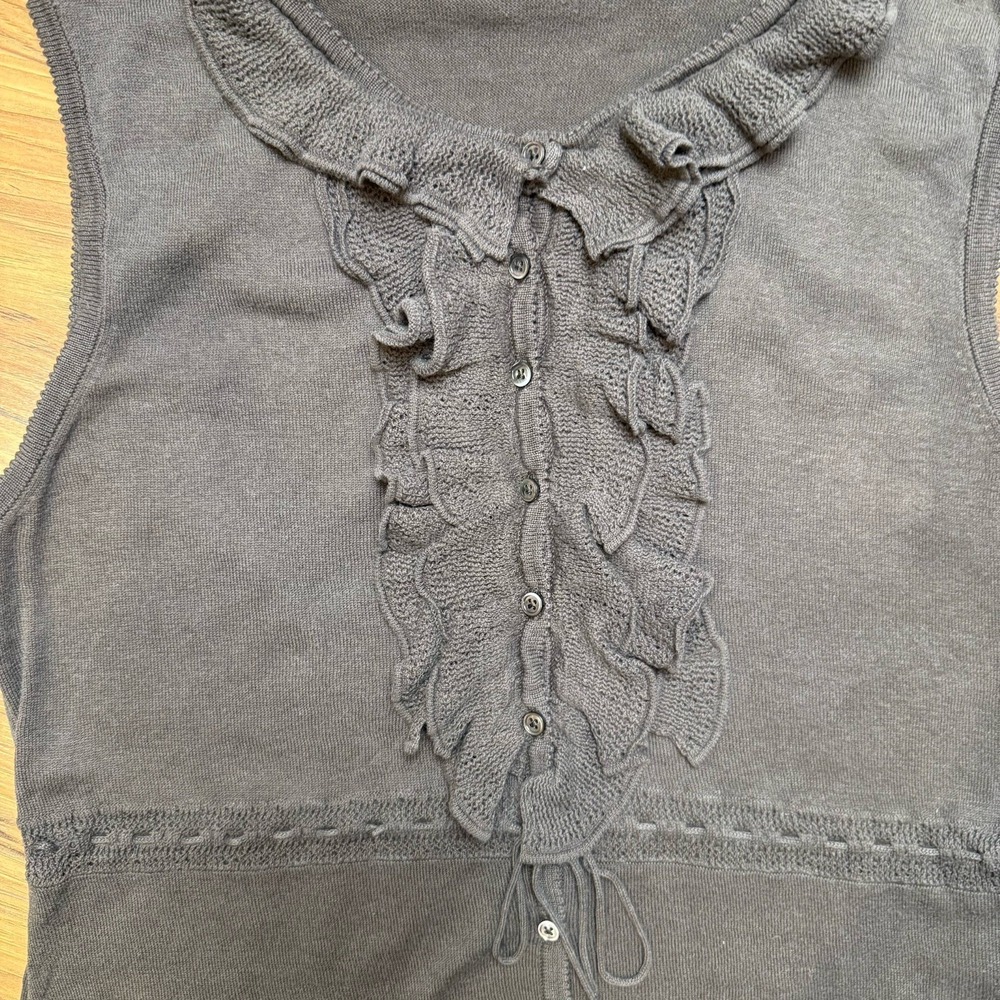 VTG Theory y2k Sz M Ruffle Knit Sleeveless Top‎ Tie Waist Brown Fairy Grunge - Picture 2 of 10